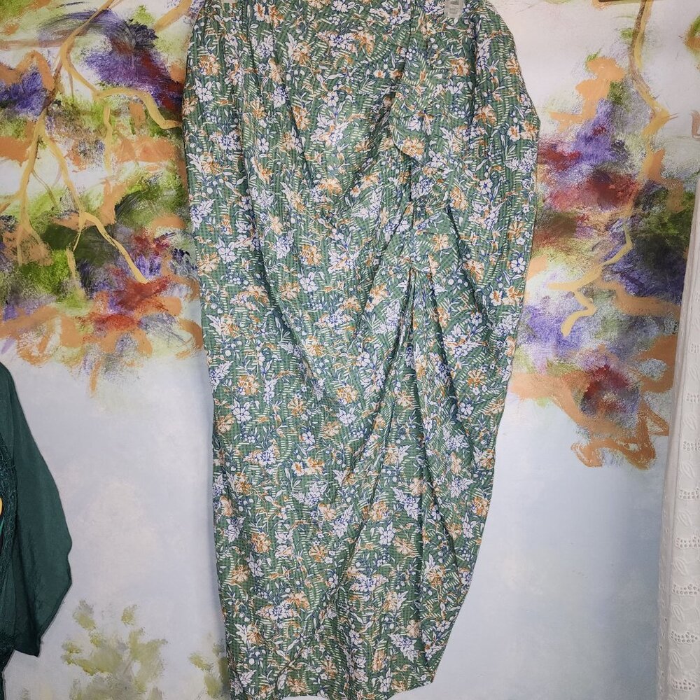 NWT Veronica Beard Floral Green Orange Blue Pinched and Ruffled Skirt